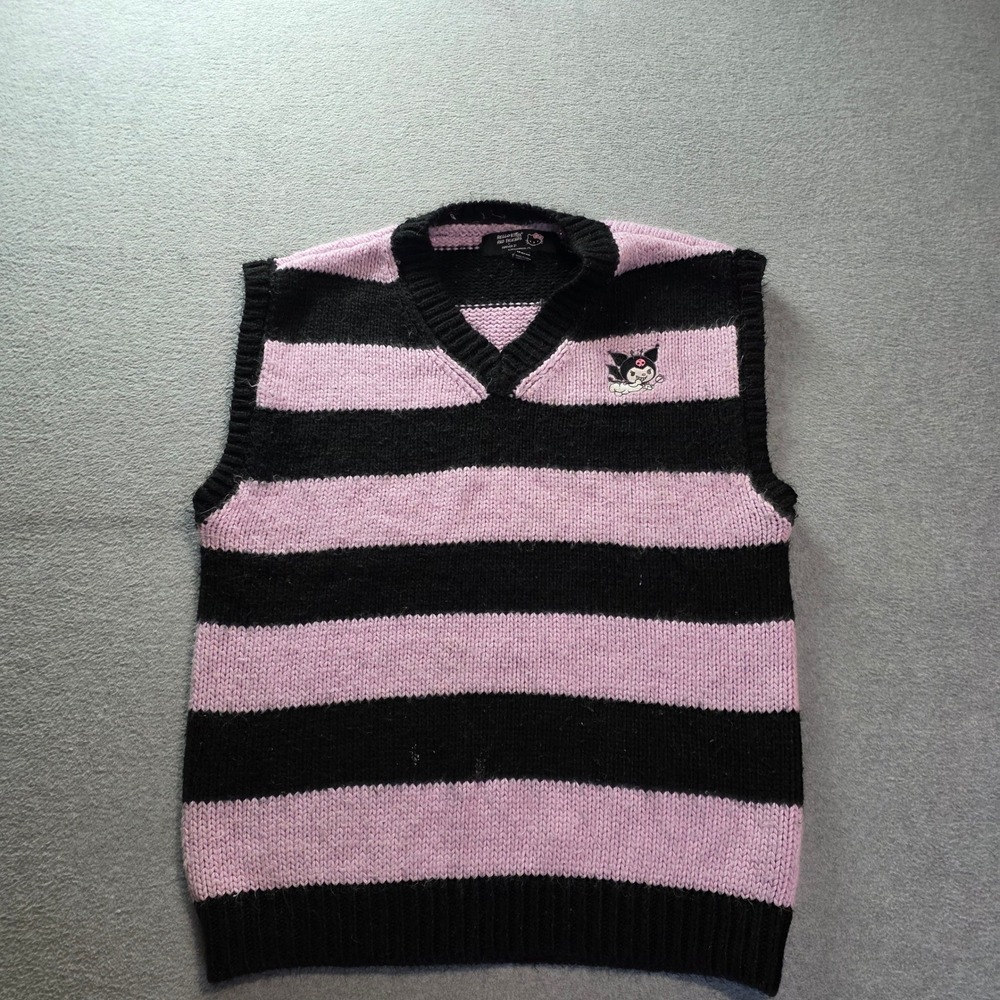Forever 21 x Sanrio Kuromi Sweater Vest Womens M Pink Black Striped Fuzzy Knit